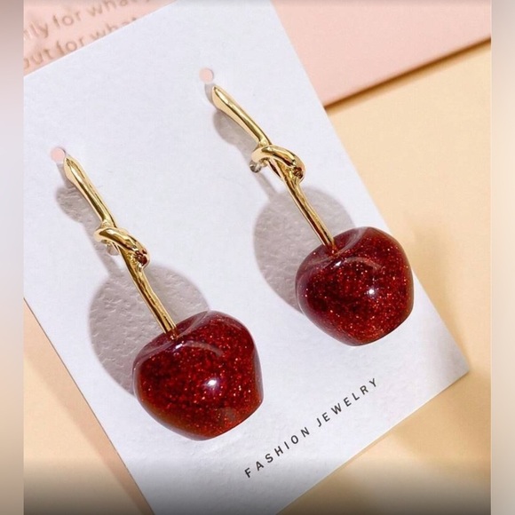 ✨NEW Glittering Red Apple sparkle Cherry gold Dangle hypoallergenic Earrings - Picture 5 of 5